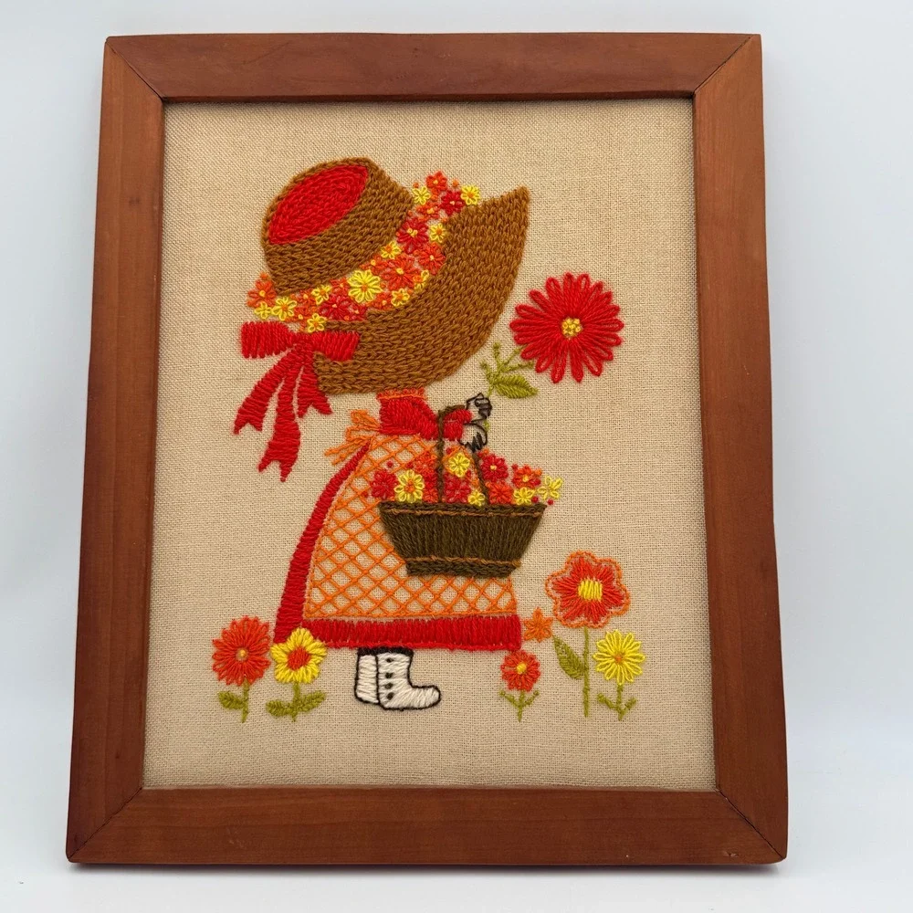 Vintage Crewel Embroidery Wall Art Framed Girl with Flower Basket Marilyn Reed